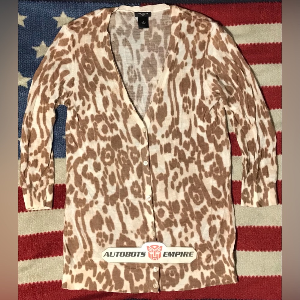Vintage Womens ANN TAYLOR VISCOSE LEOPARD CAMO Cardigan Knit Sweater M rlpc  rl